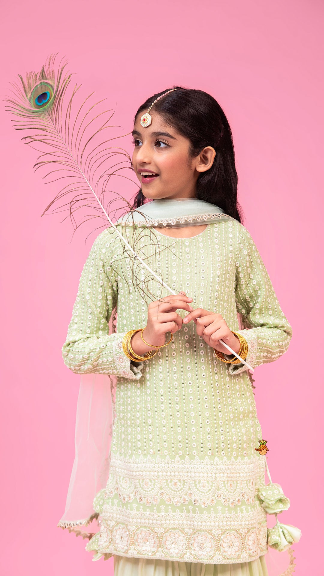 Pre Order: Splendid Embroidered Georgette Green Kurti With Sharara And Dupatta