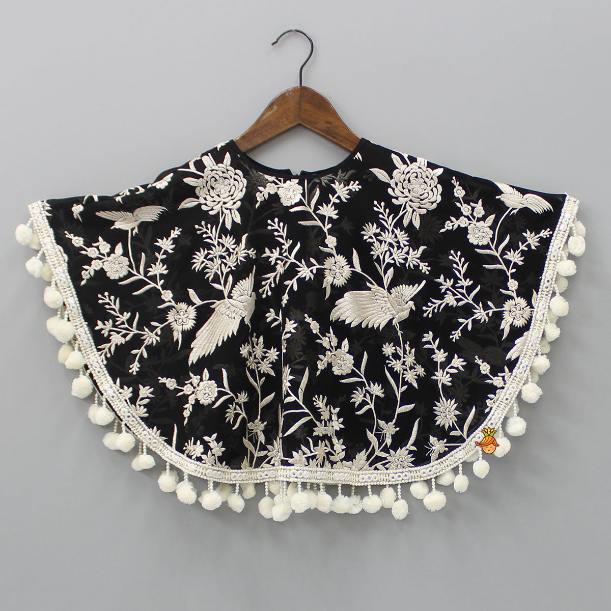 Pre Order: Black Top With Pom Poms Detailed Embroidered Cape And Palazzo