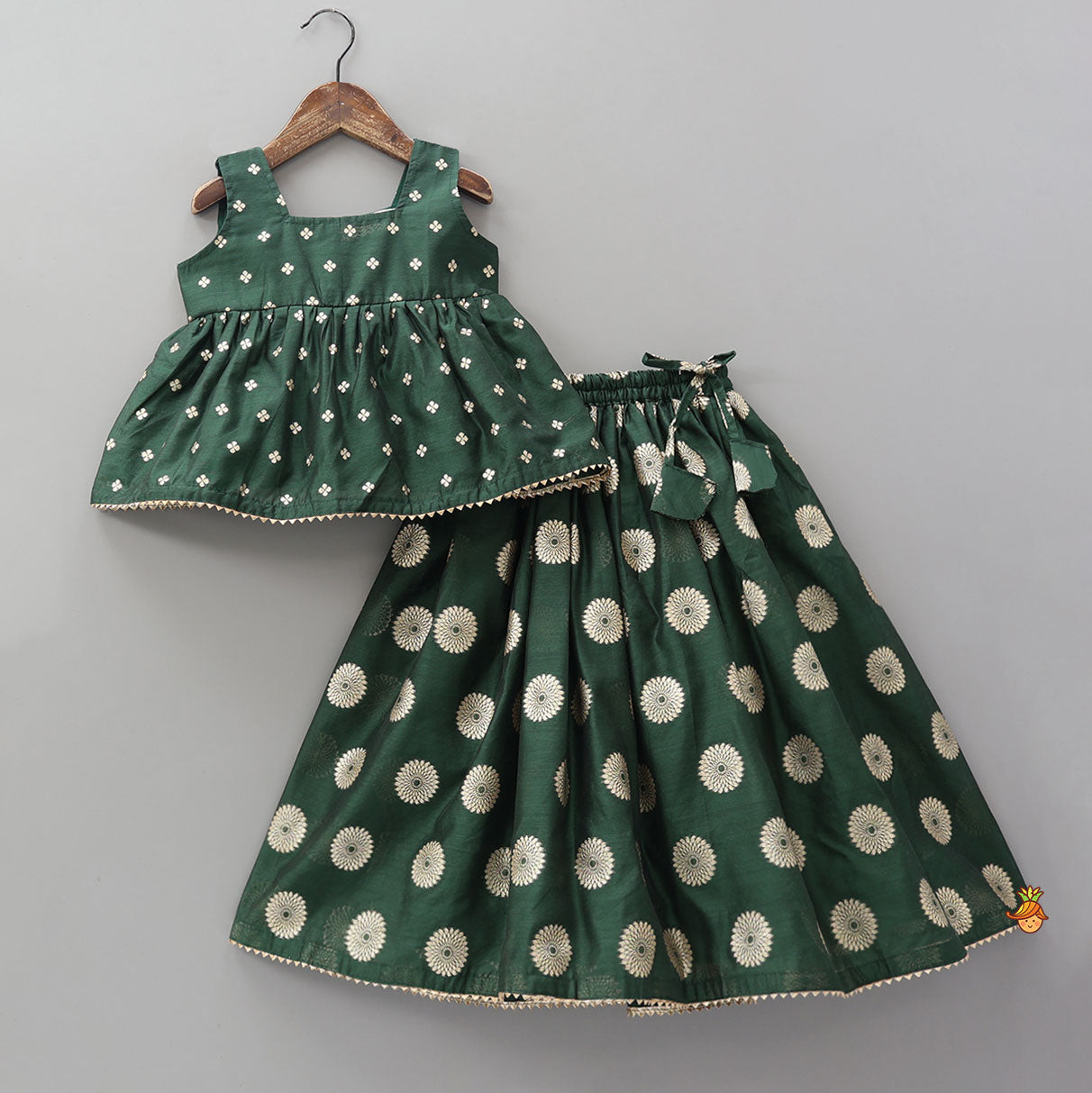 Pre Order: Embroidered Sleeveless Green Peplum Top And Lehenga