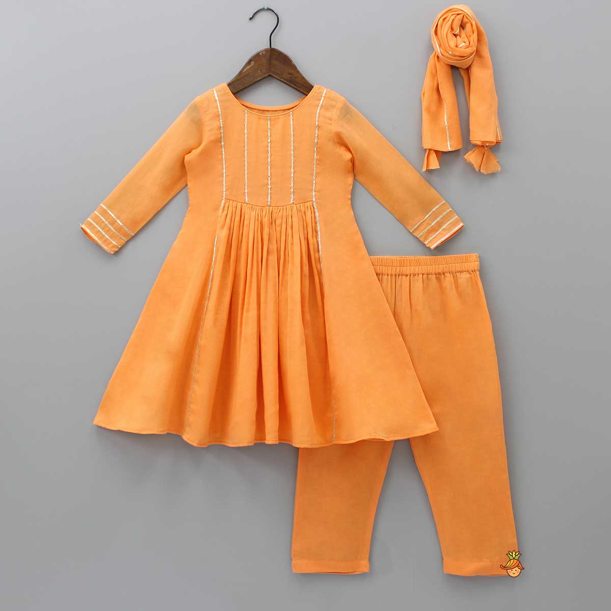 Pre Order: Beads Adorned Orange Kurti And Pant With Dupatta