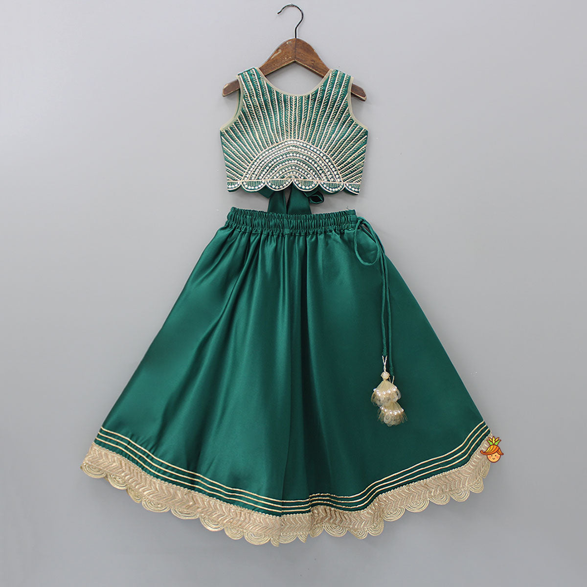 Pre Order: Stunning Scalloped Hem Green Top And Lehenga