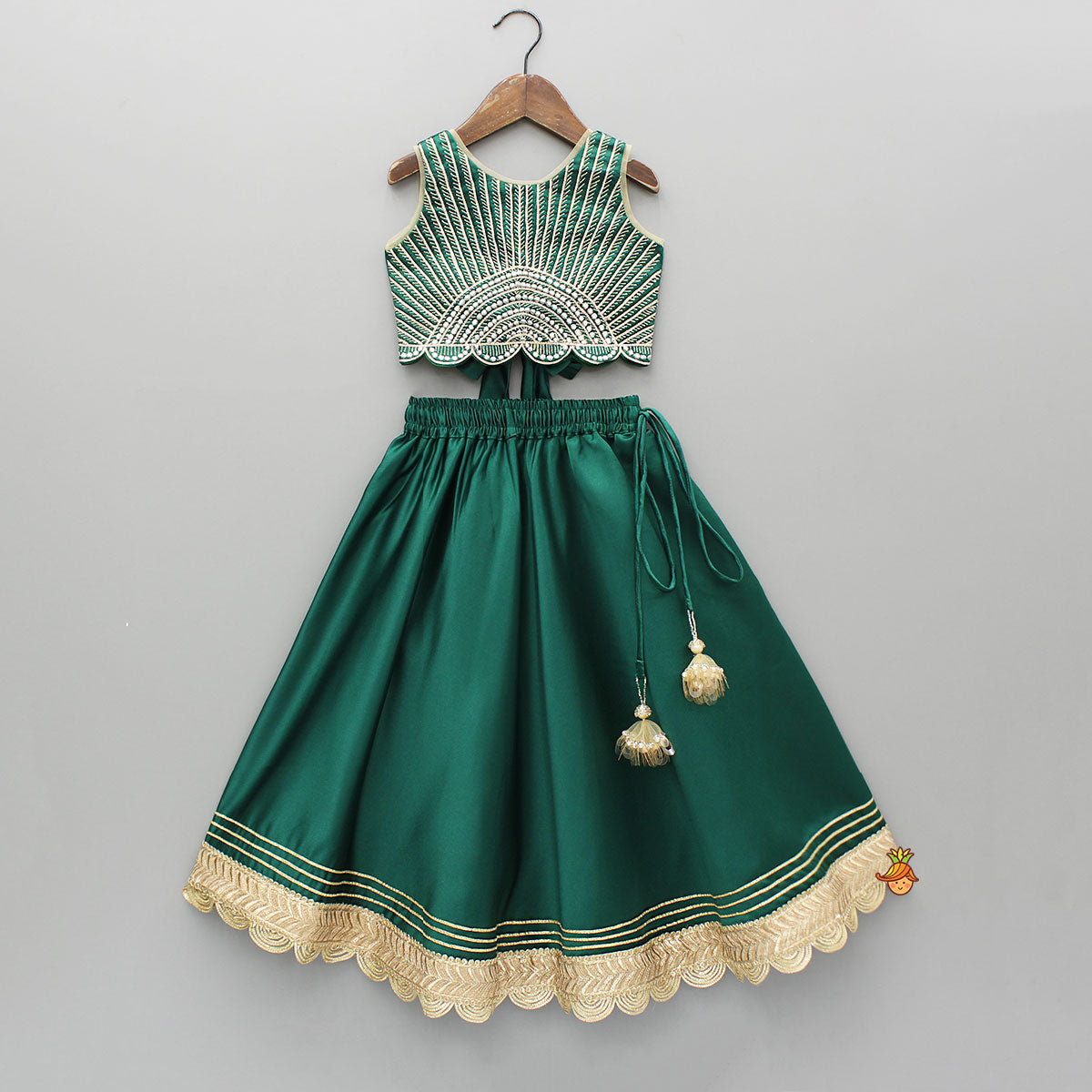 Pre Order: Stunning Scalloped Hem Green Top And Lehenga