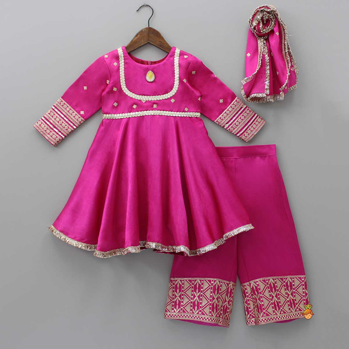 Pre Order: Lavish Pink Faux Mirror Work Kurti With Palazzo And Dupatta