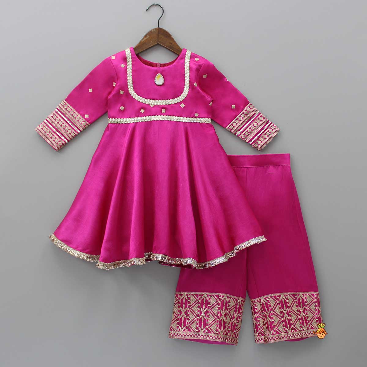 Pre Order: Lavish Pink Faux Mirror Work Kurti With Palazzo And Dupatta