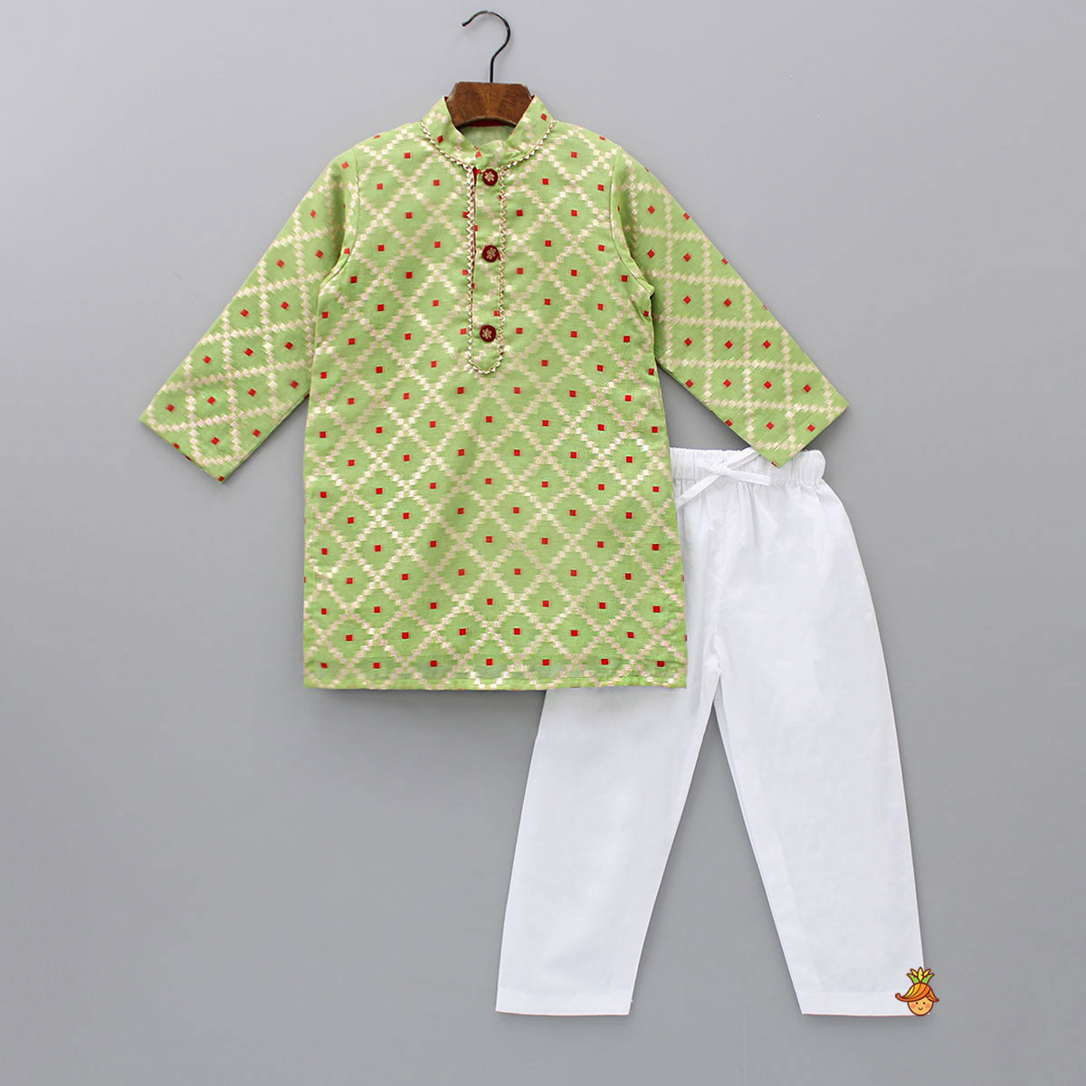Green Kurta With Checks Embroidery And White Pyjama