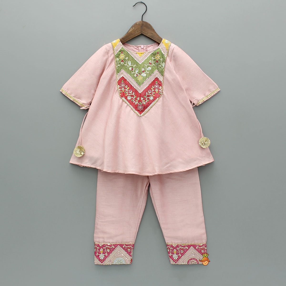 Pre Order: Embroidered Yoke Tassels Enhanced Pink Kurti And Pant