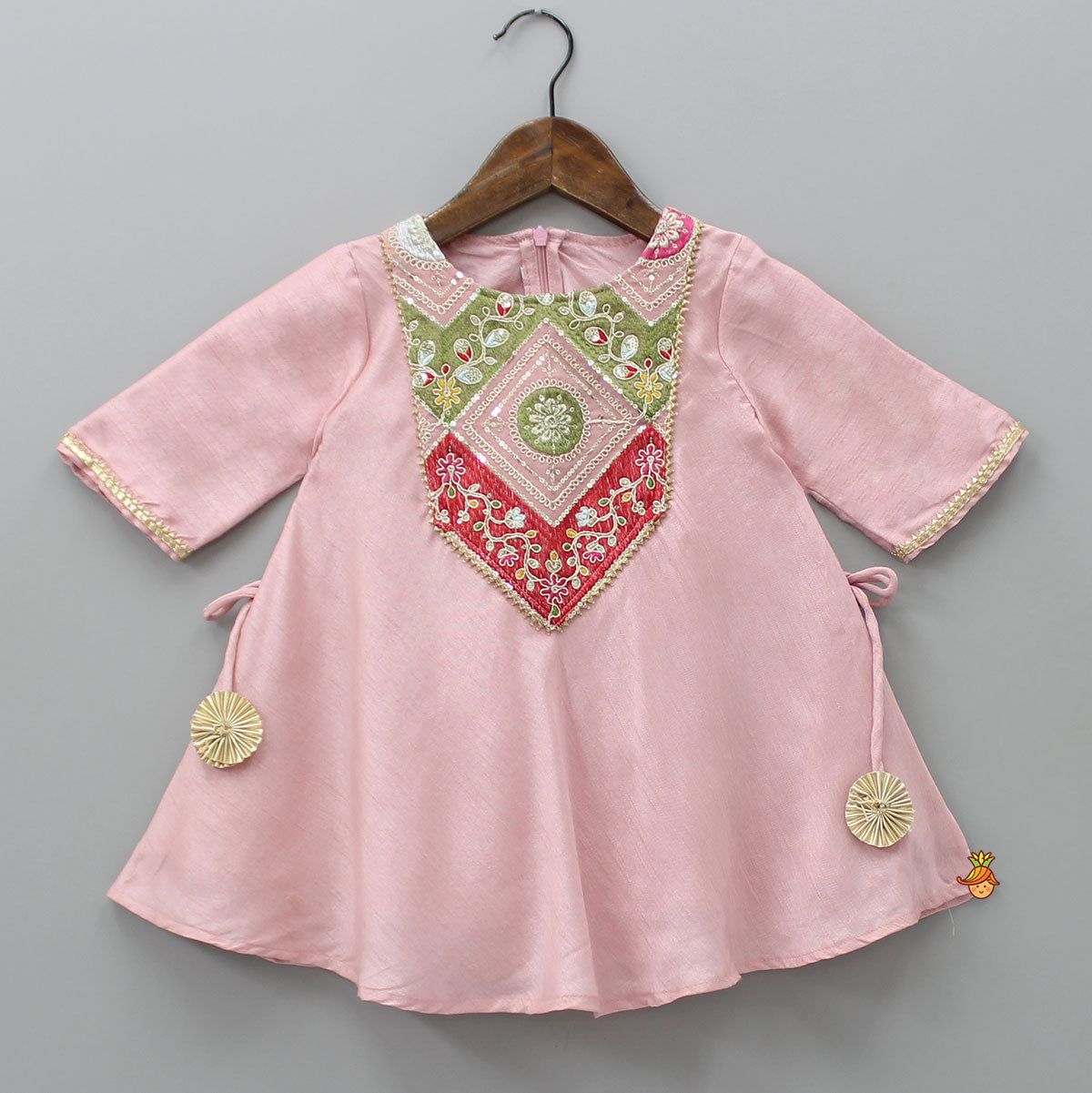 Pre Order: Embroidered Yoke Tassels Enhanced Pink Kurti And Pant