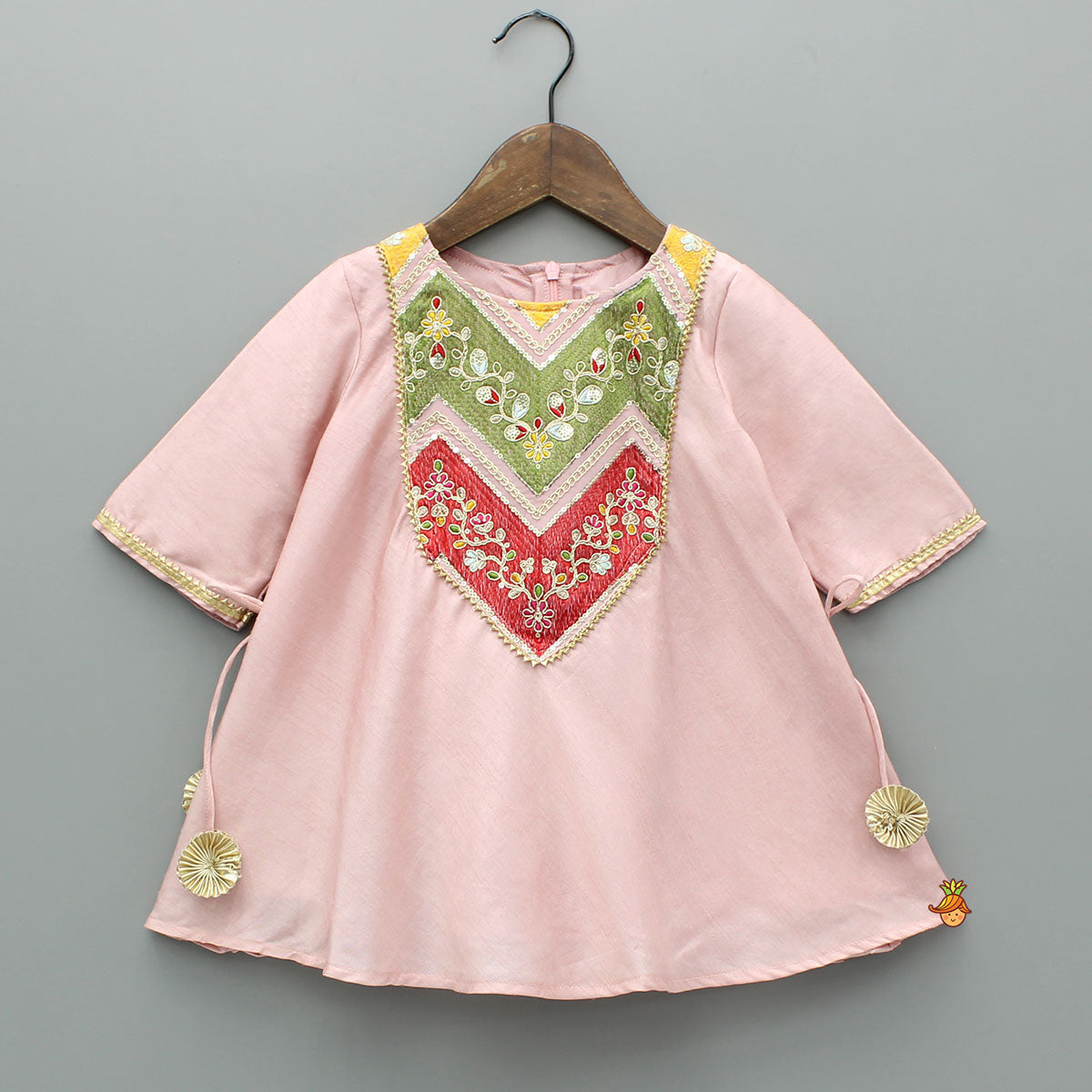 Pre Order: Embroidered Yoke Tassels Enhanced Pink Kurti And Pant