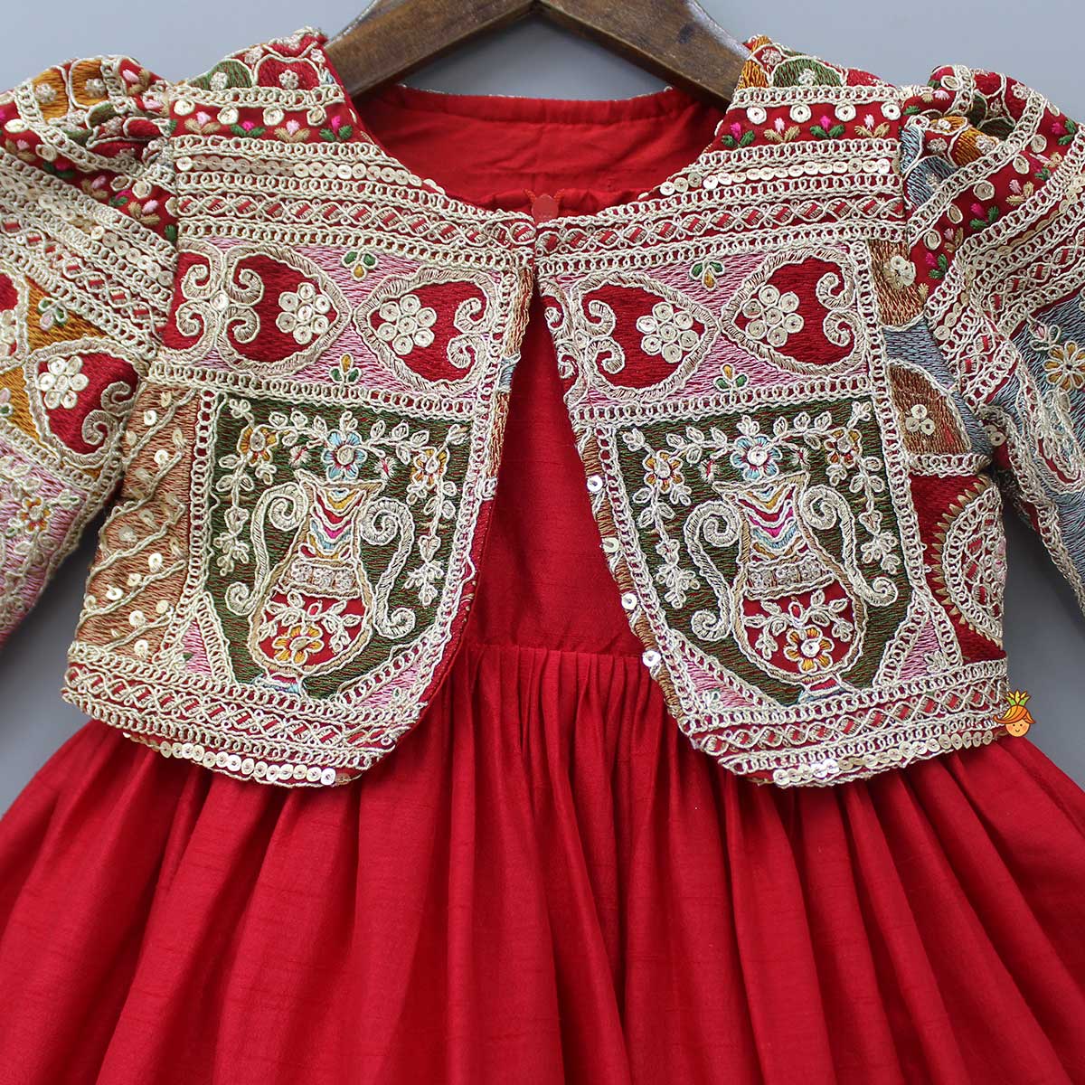 Pre Order: Round Neck Red Kurti With Heavy Embroidered Jacket