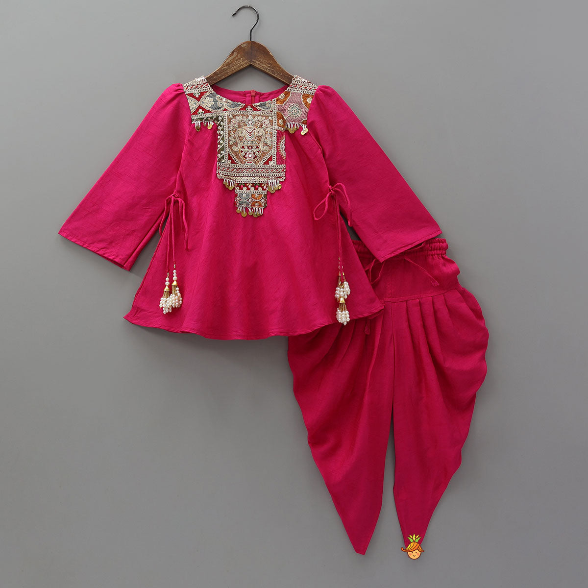 Pre Order: Embroidered Yoke Tassels Enhanced Kurti And Dhoti