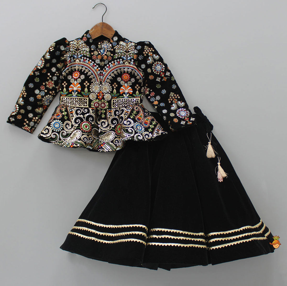 Pre Order: Heavy Embroidered Black Velvet Top And Gota Lace Work Flared Lehenga