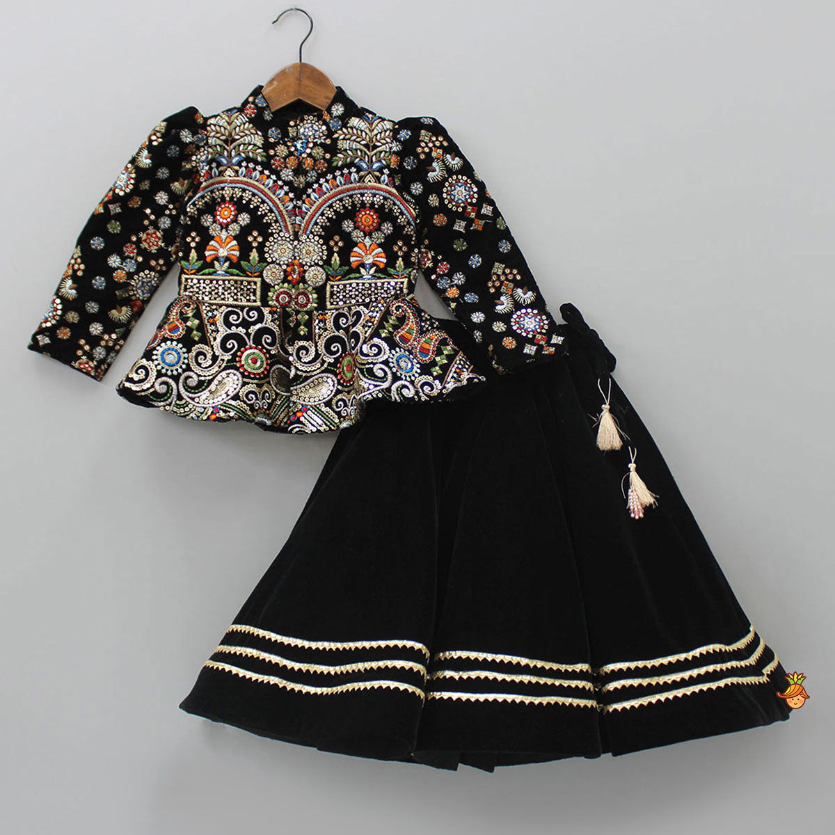 Pre Order: Heavy Embroidered Black Velvet Top And Gota Lace Work Flared Lehenga