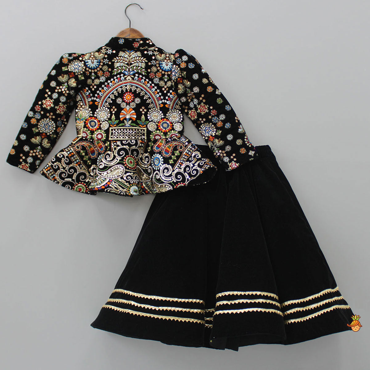 Pre Order: Heavy Embroidered Black Velvet Top And Gota Lace Work Flared Lehenga