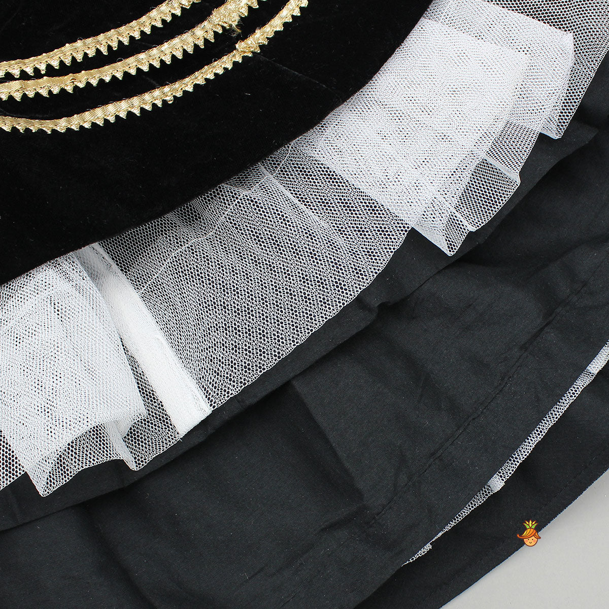 Pre Order: Heavy Embroidered Black Velvet Top And Gota Lace Work Flared Lehenga