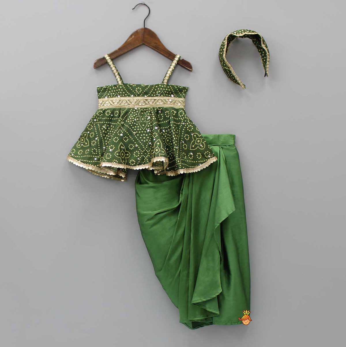 Pre Order: Faux Mirror Work Green Top And Stylish Dhoti Skirt With Matching Hair Band