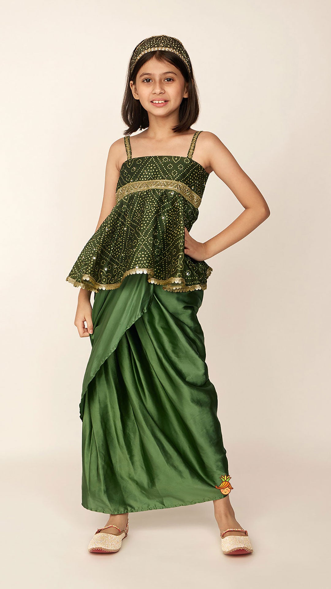 Pre Order: Faux Mirror Work Green Top And Stylish Dhoti Skirt With Matching Hair Band