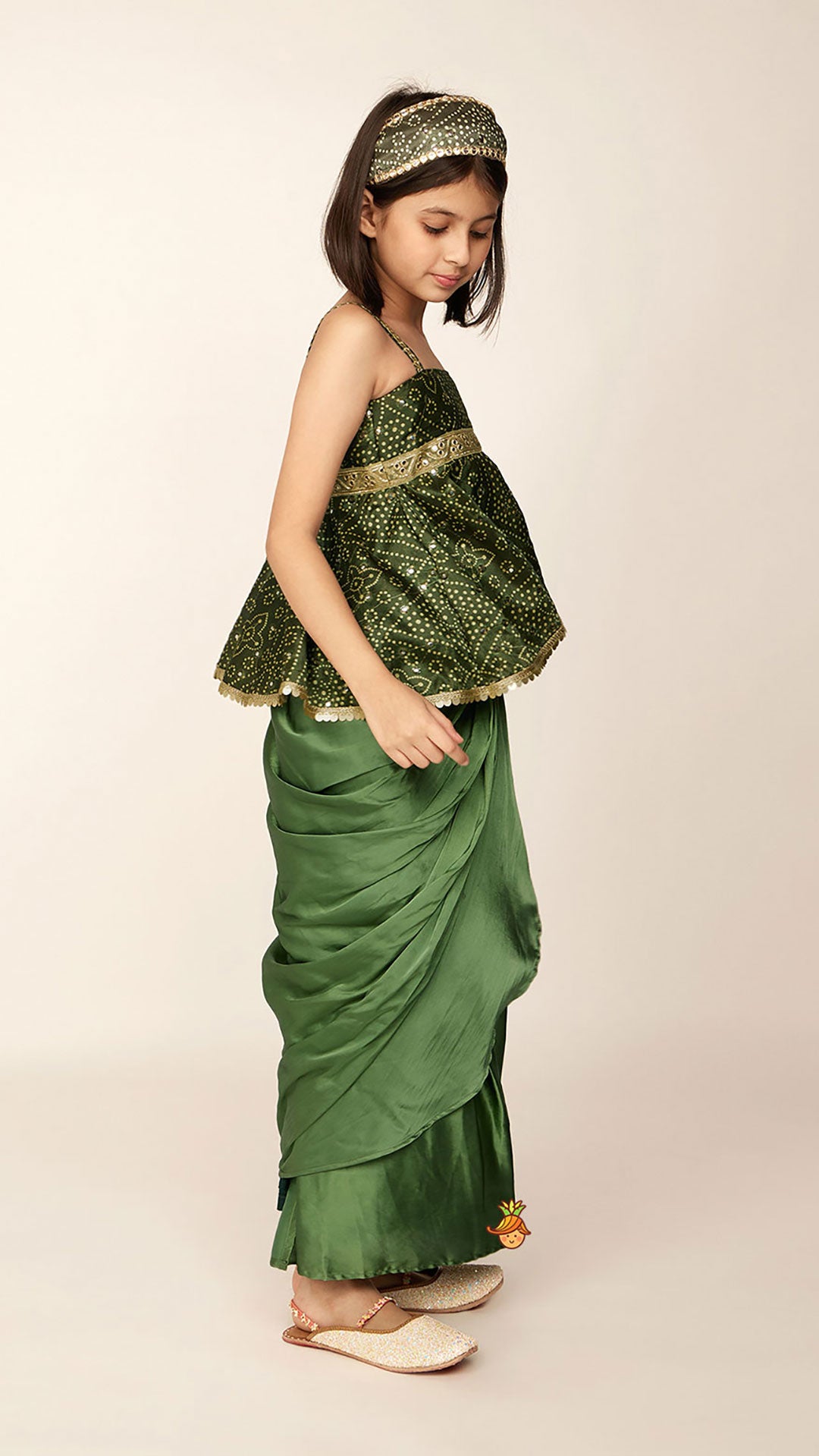 Pre Order: Faux Mirror Work Green Top And Stylish Dhoti Skirt With Matching Hair Band