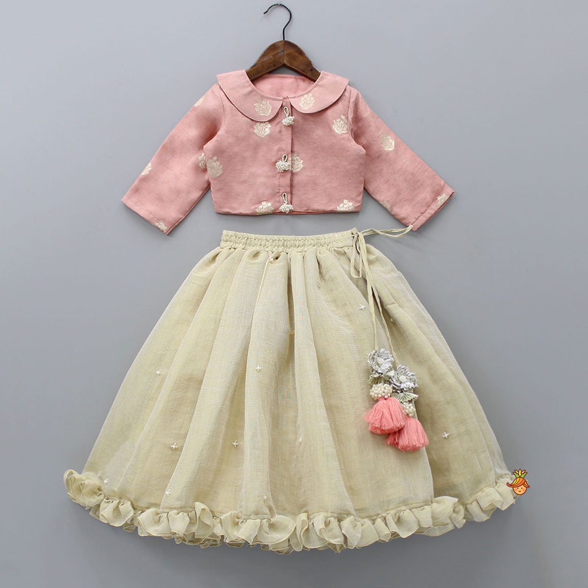 Pre Order: Peter Pan Collar Peach Top And Ruffle Hem Lehenga