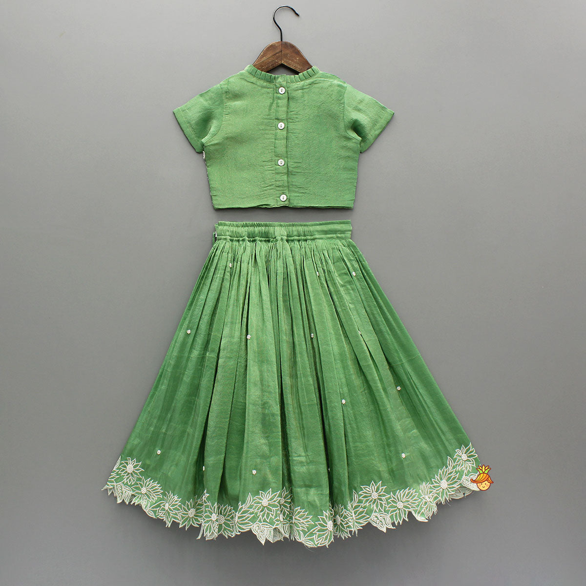 Pre Order: Pleated Neckline Green Shimmery Top And Fringes Tassels Enhanced Lehenga