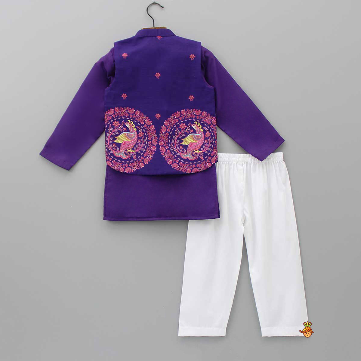 Pre Order: Purple Ethnic Kurta With Printed Open Jacket And White Pyjama