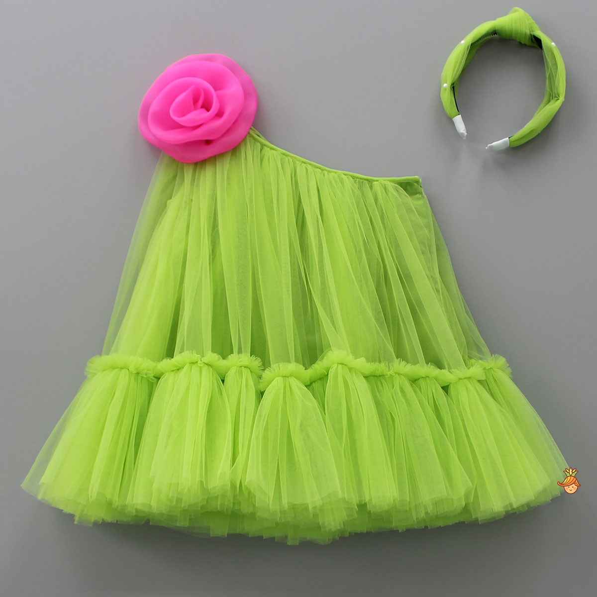 Pre Order: Contrasting Rose Adorned One Shoulder Green Dress With Matching Knot Detail Hair Band