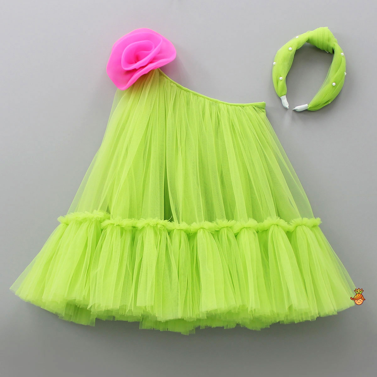 Pre Order: Contrasting Rose Adorned One Shoulder Green Dress With Matching Knot Detail Hair Band