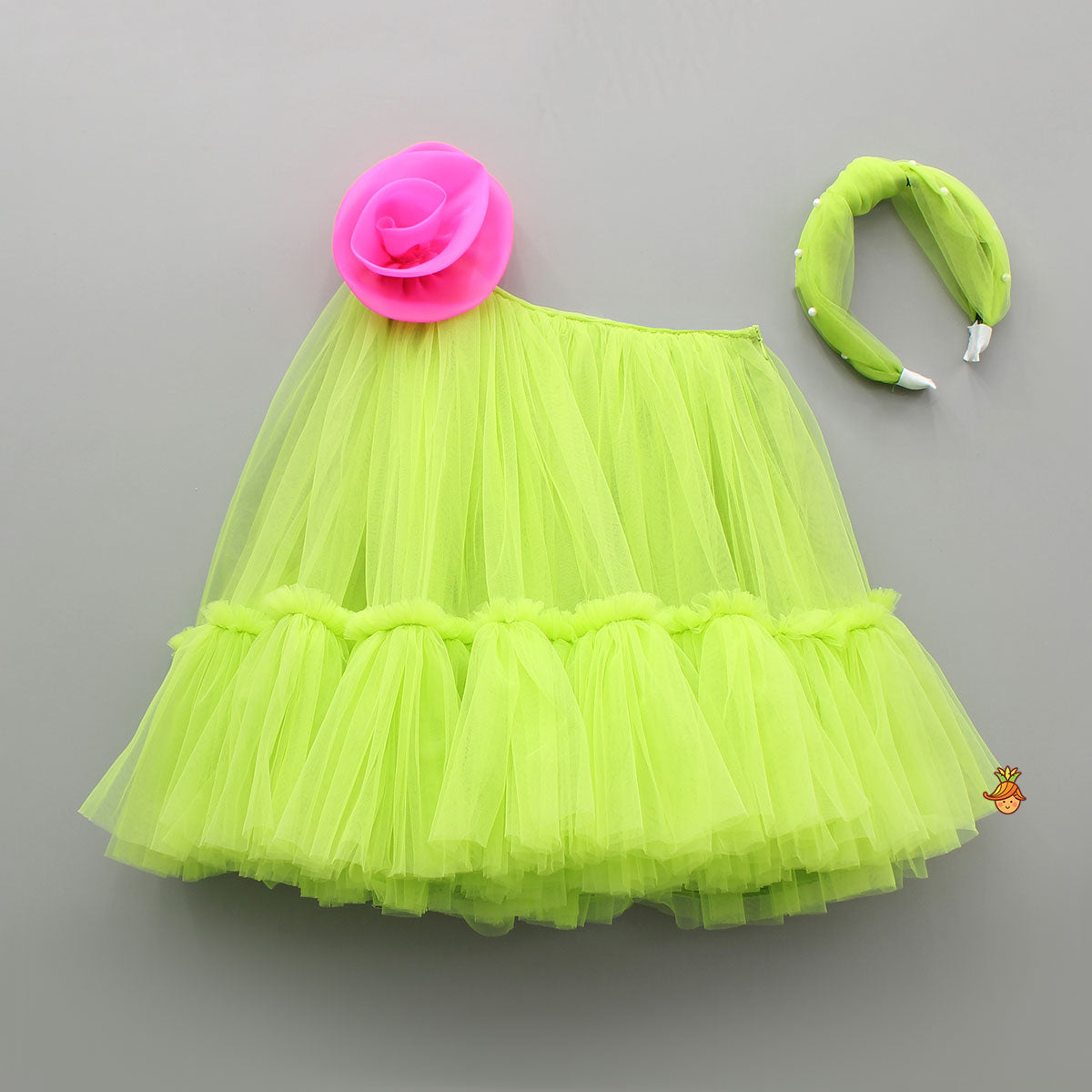 Pre Order: Contrasting Rose Adorned One Shoulder Green Dress With Matching Knot Detail Hair Band