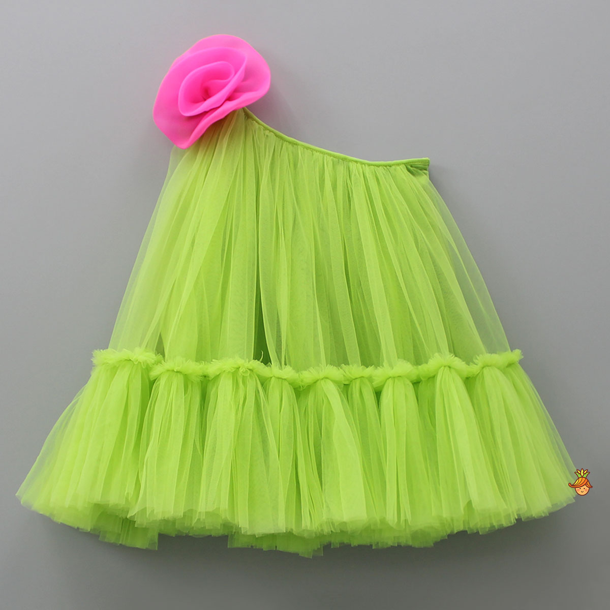 Pre Order: Contrasting Rose Adorned One Shoulder Green Dress With Matching Knot Detail Hair Band