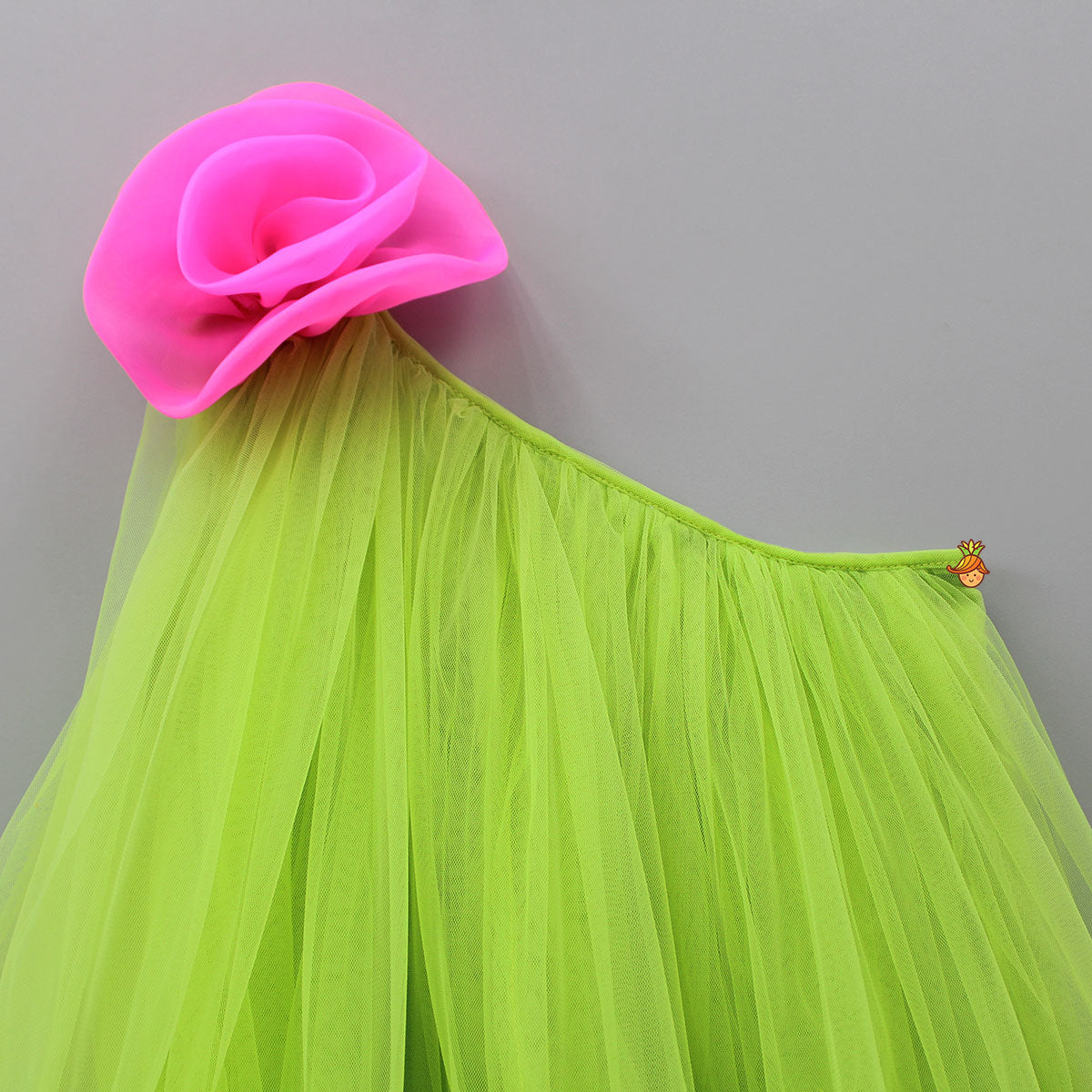 Pre Order: Contrasting Rose Adorned One Shoulder Green Dress With Matching Knot Detail Hair Band