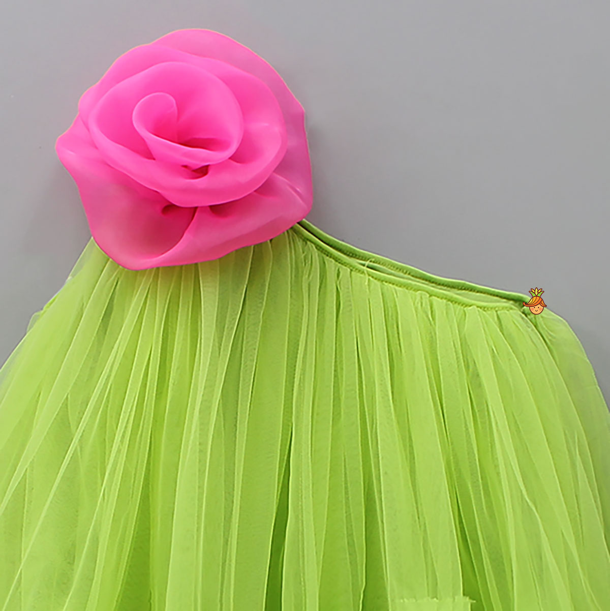Pre Order: Contrasting Rose Adorned One Shoulder Green Dress With Matching Knot Detail Hair Band