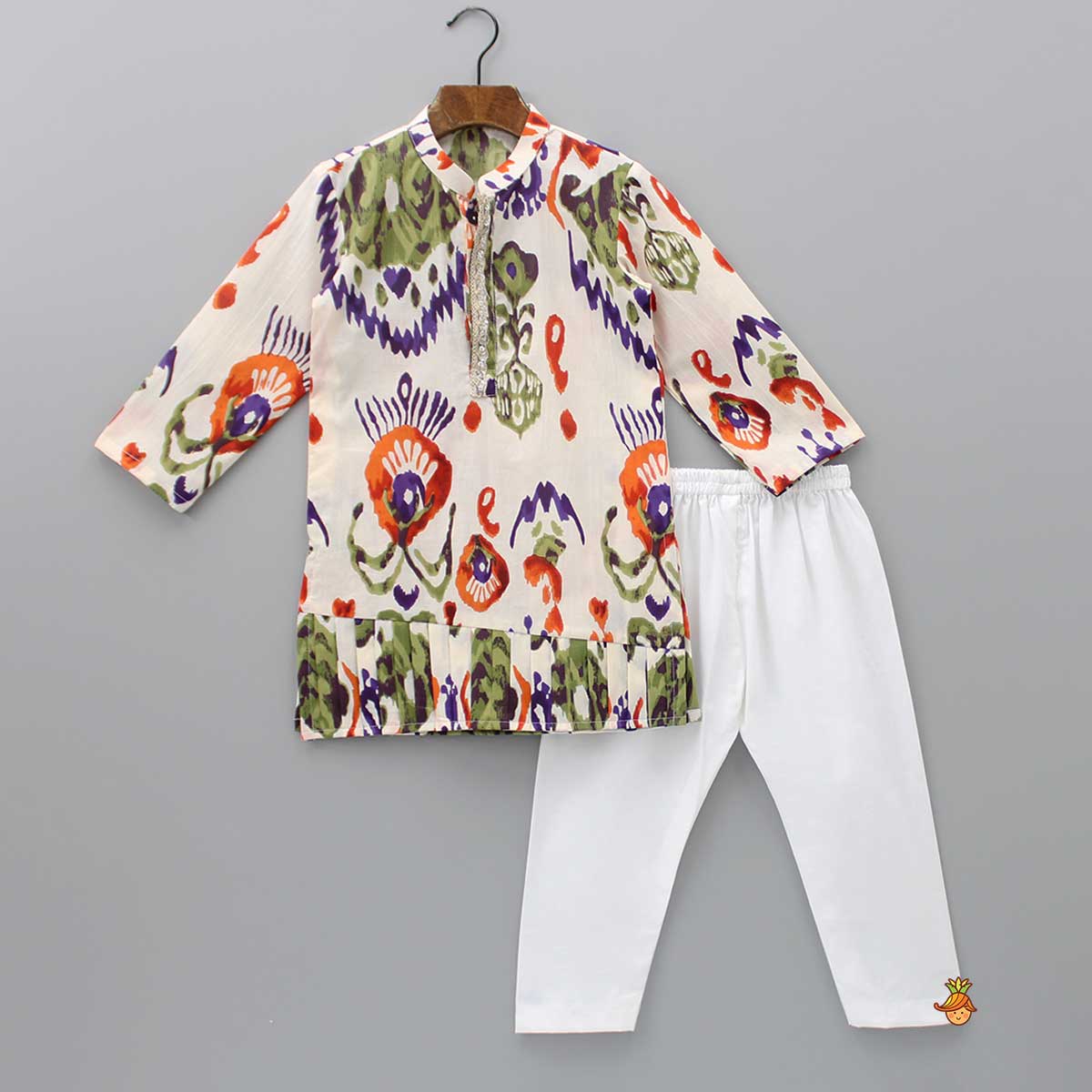 Pre Order: Pleated Hem Multicolour Printed Kurta And Pyjama