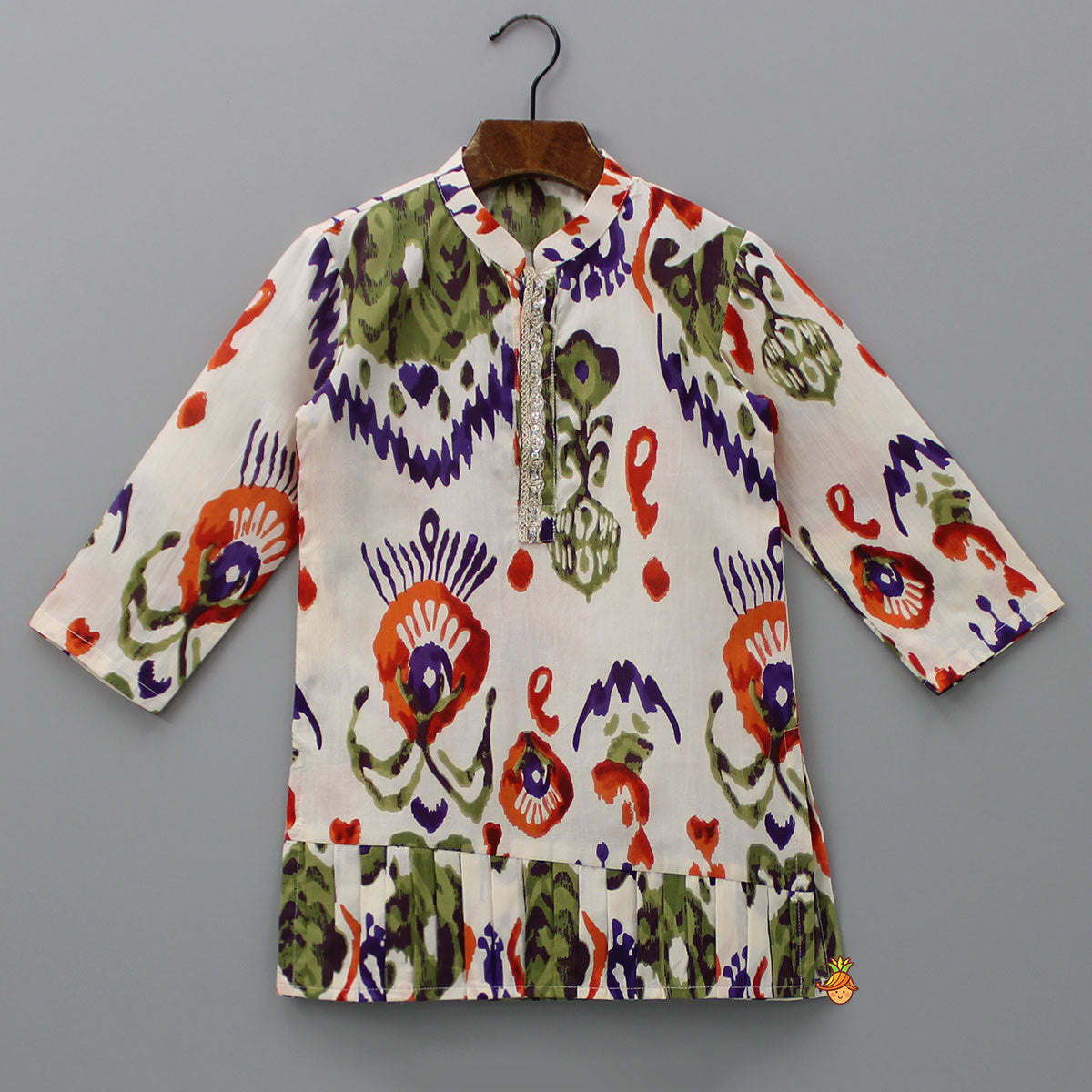 Pre Order: Pleated Hem Multicolour Printed Kurta And Pyjama