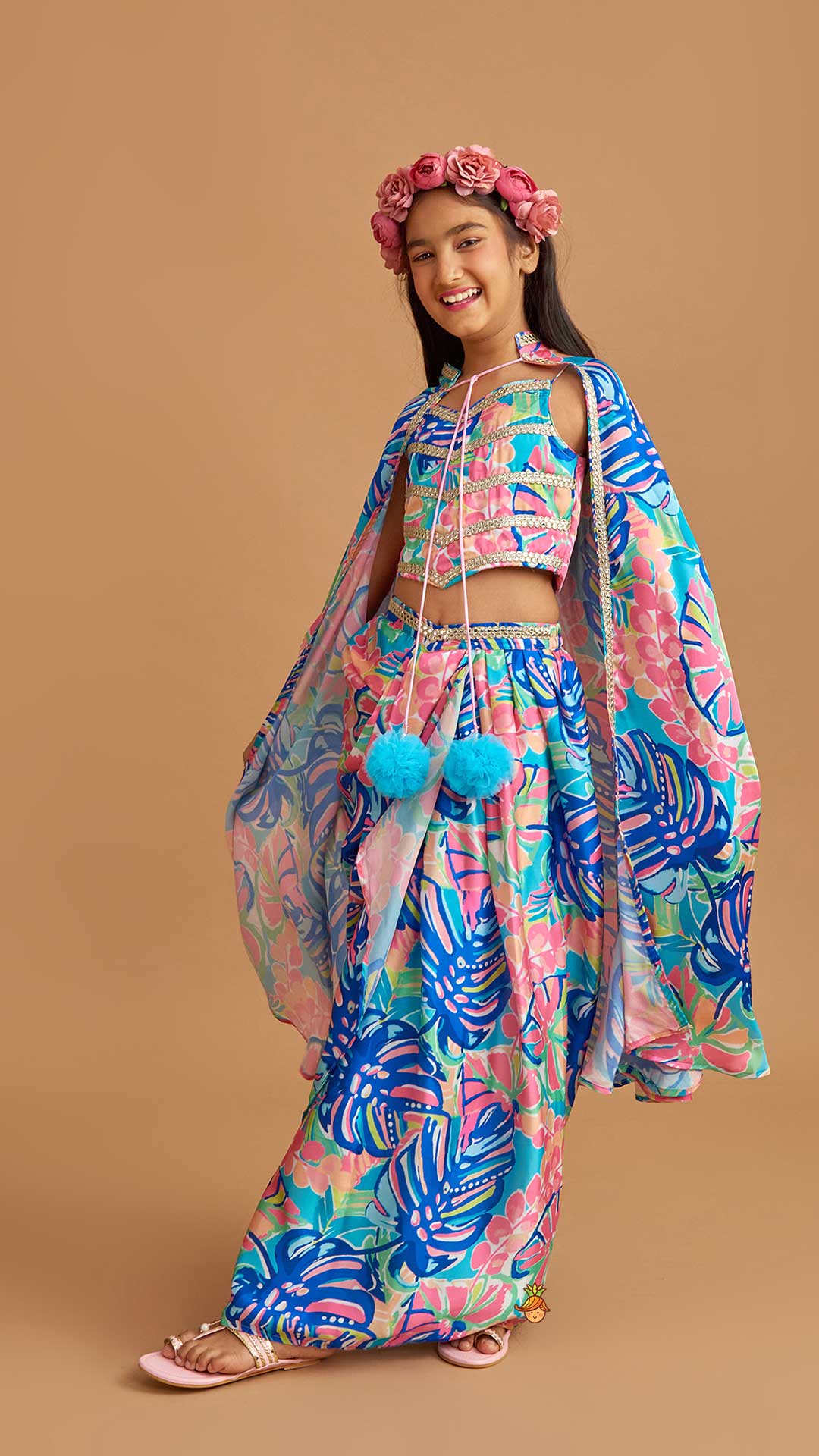 Multicolour Printed Lace Work Top With Cape And Dhoti Style Skirt