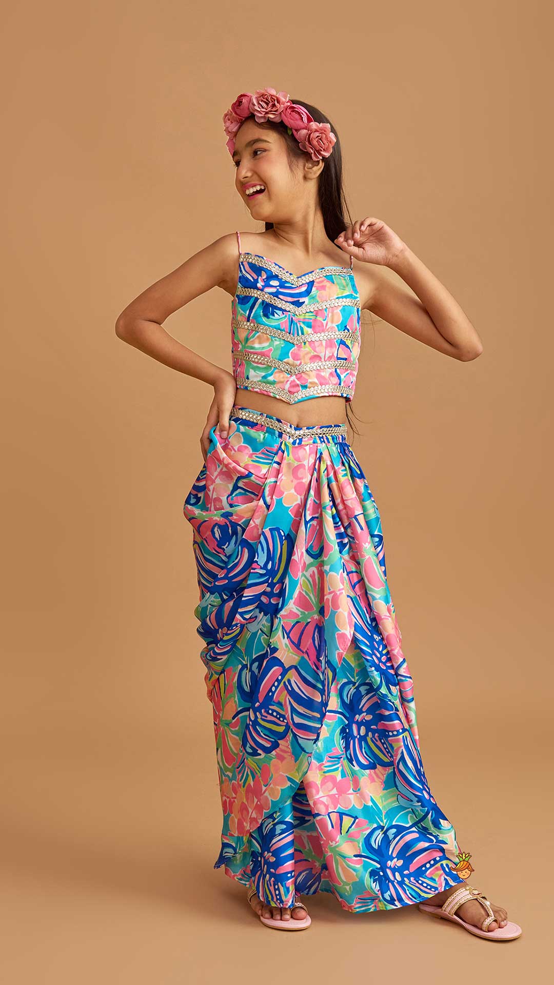 Multicolour Printed Lace Work Top With Cape And Dhoti Style Skirt