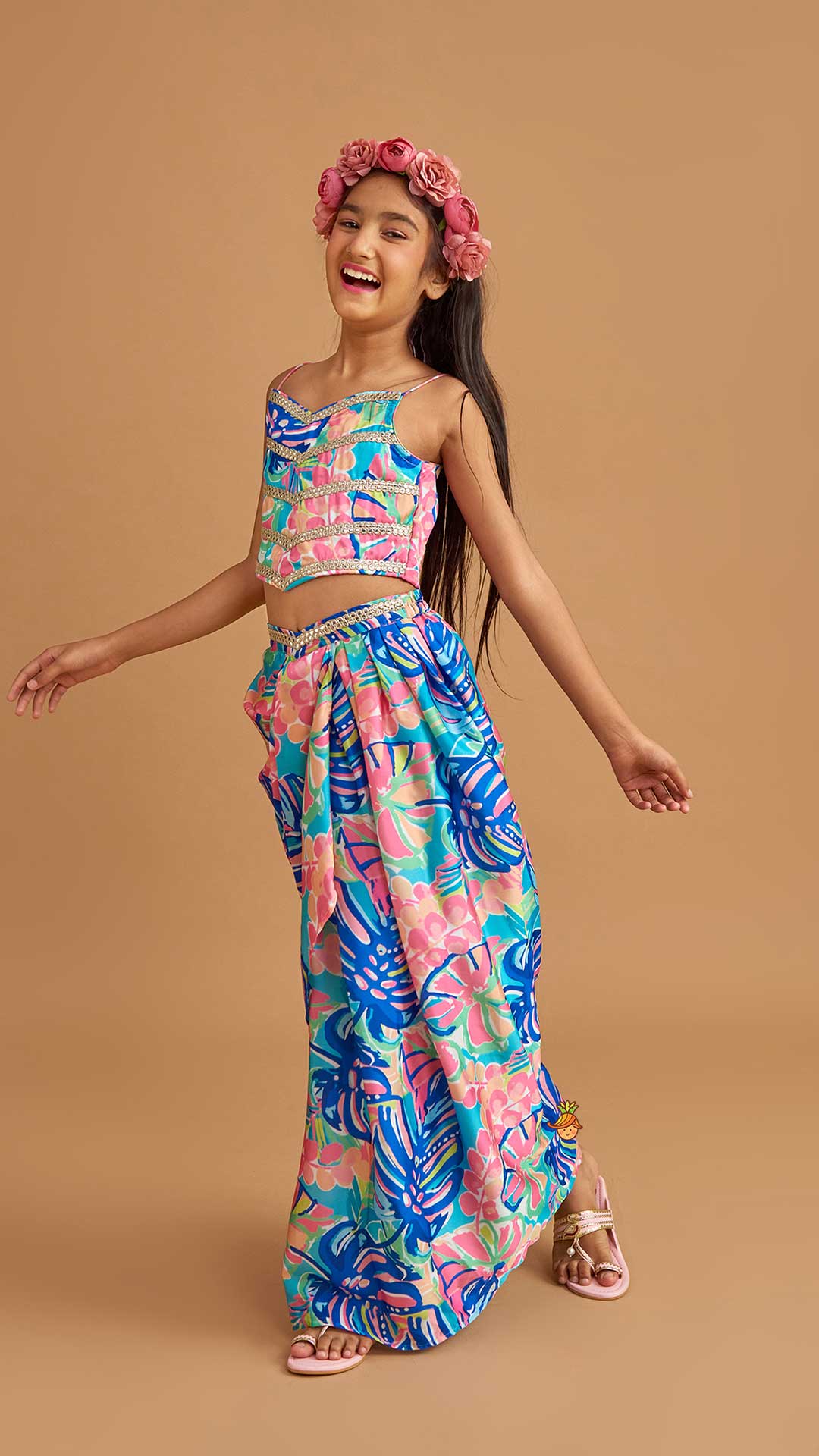 Multicolour Printed Lace Work Top With Cape And Dhoti Style Skirt