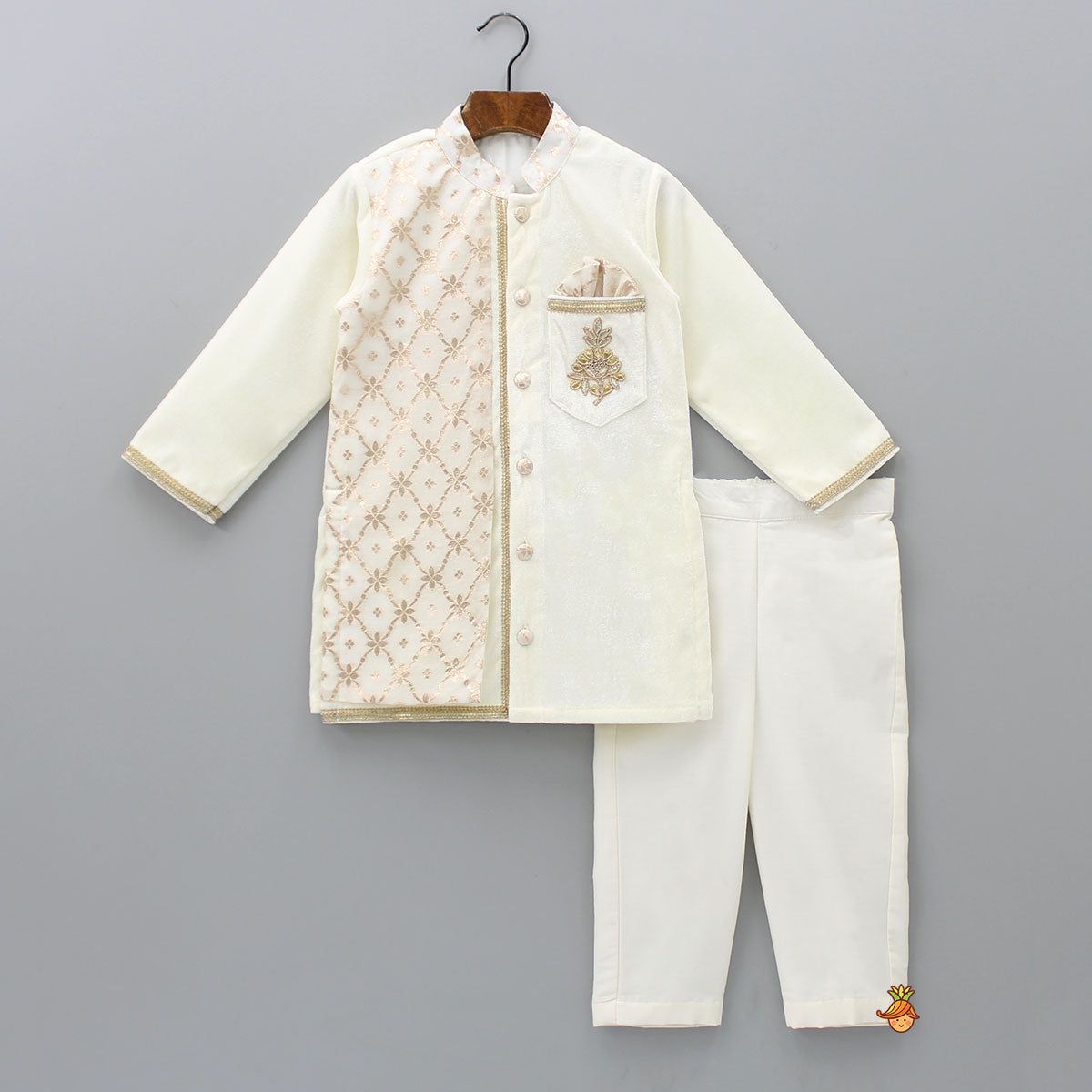 Pre Order: Attached Flap Off White Velvet Kurta And Pyjama