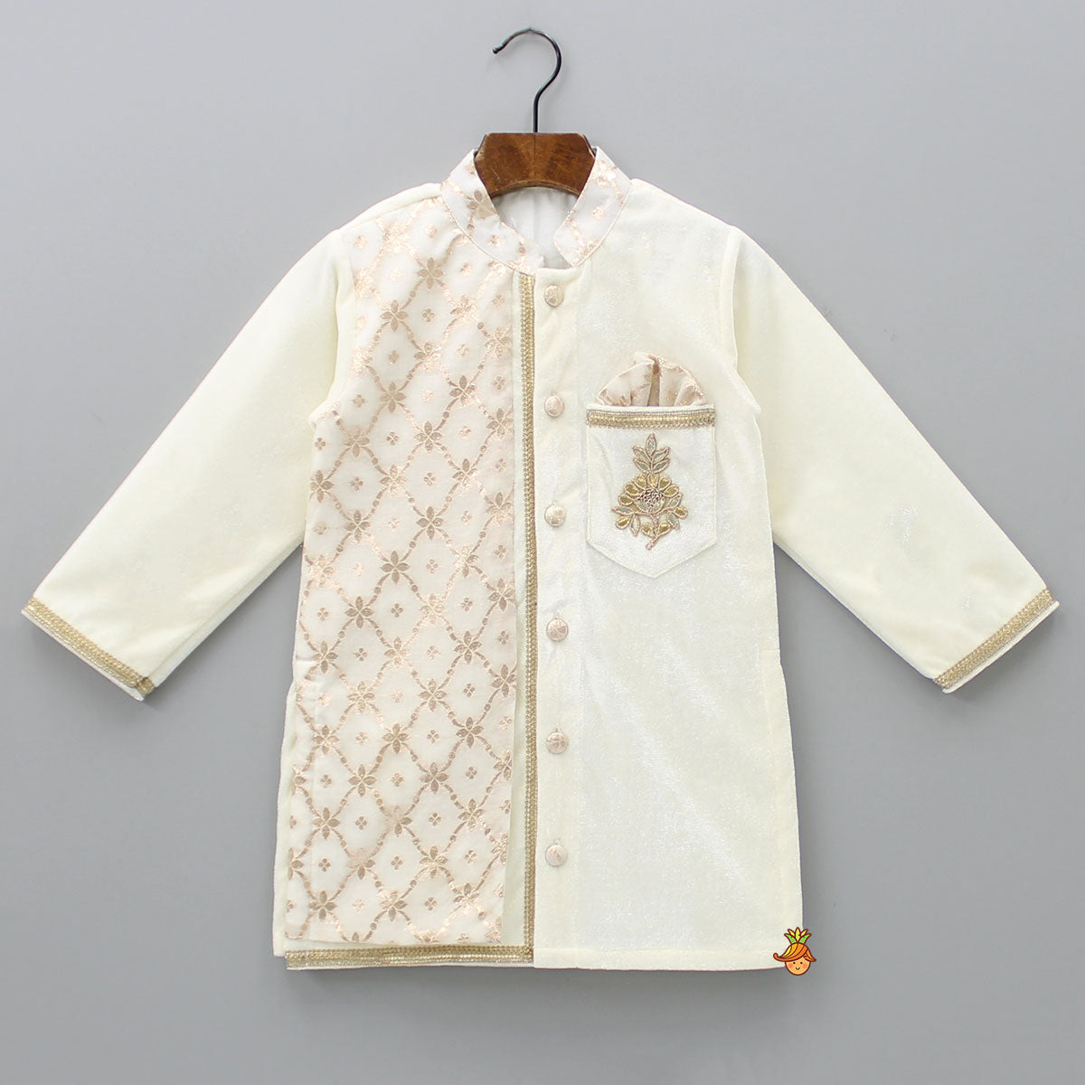 Pre Order: Attached Flap Off White Velvet Kurta And Pyjama