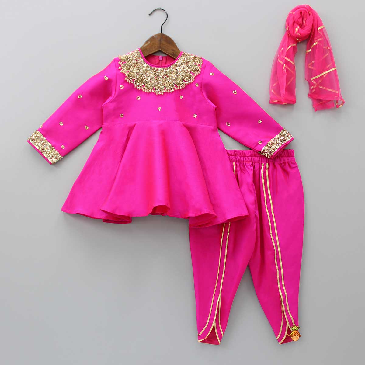 Pre Order: Heavy Embroidered Neckline Pink Kurti And Dhoti With Dupatta