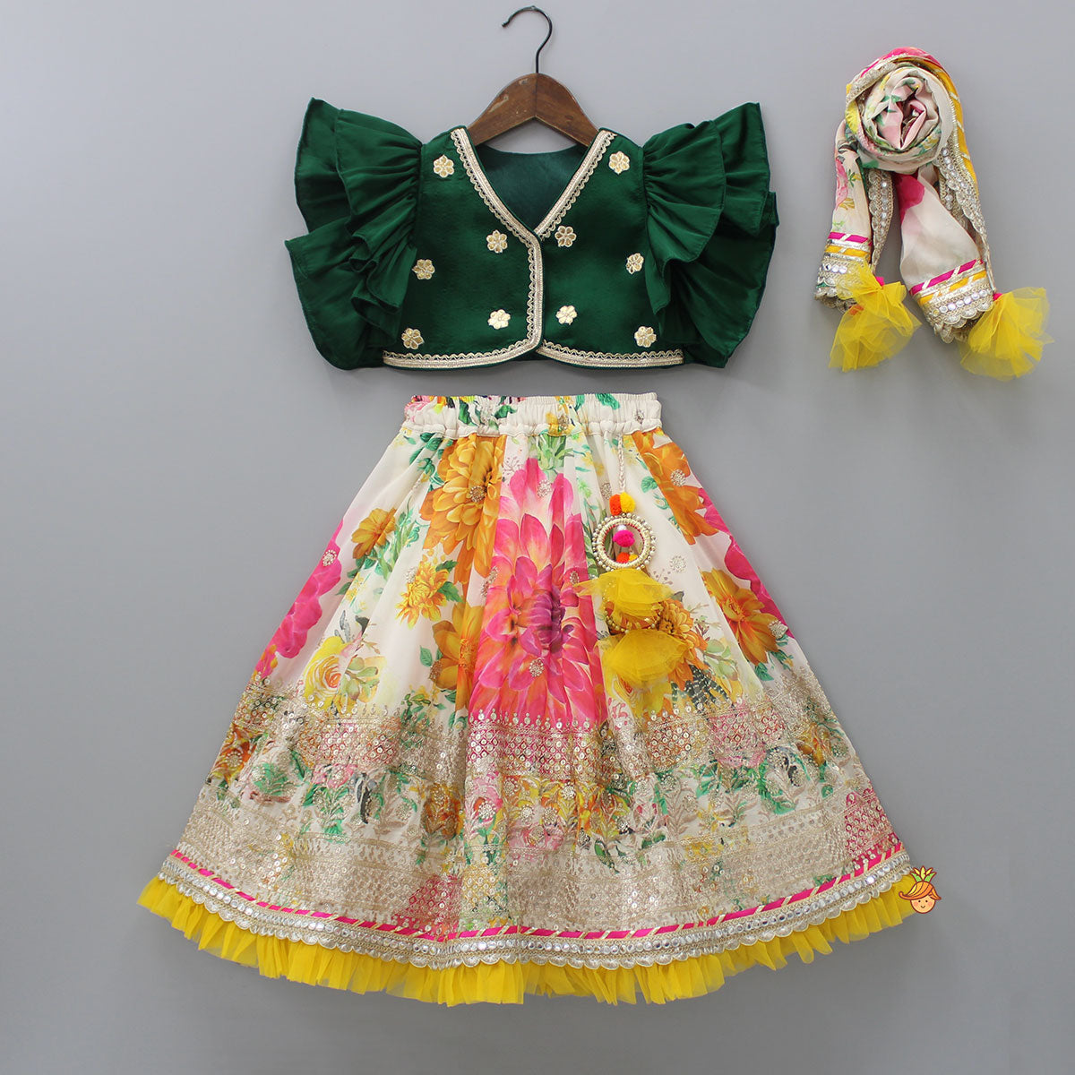 Pre Order: Gota Floral Work Front Open Green Top And Printed Lehenga With Dupatta