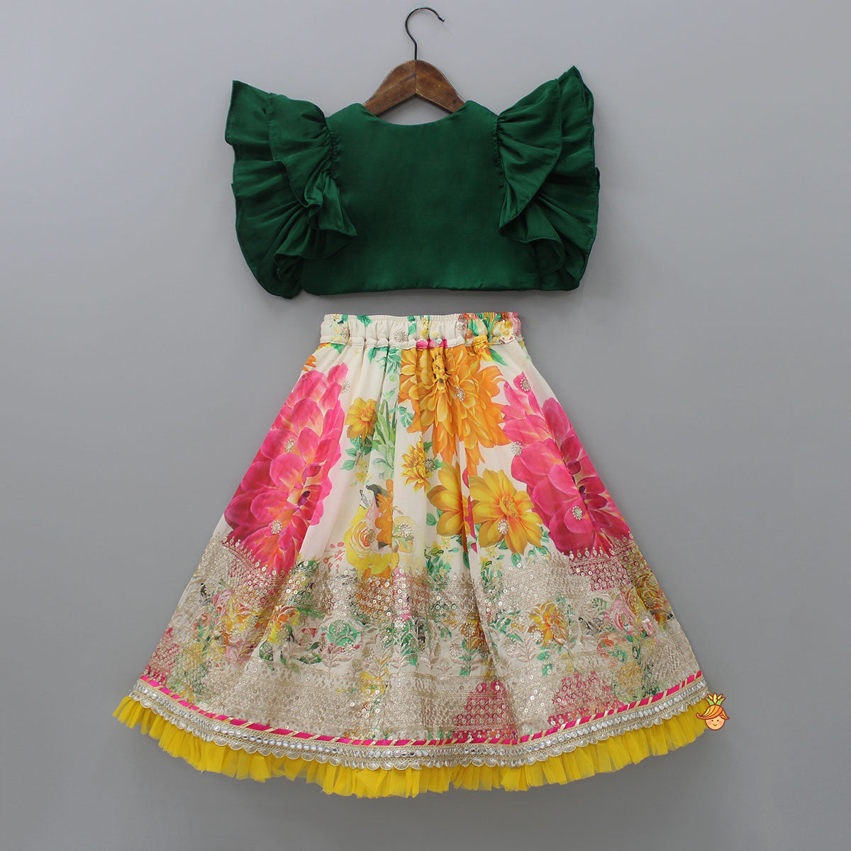 Pre Order: Gota Floral Work Front Open Green Top And Printed Lehenga With Dupatta