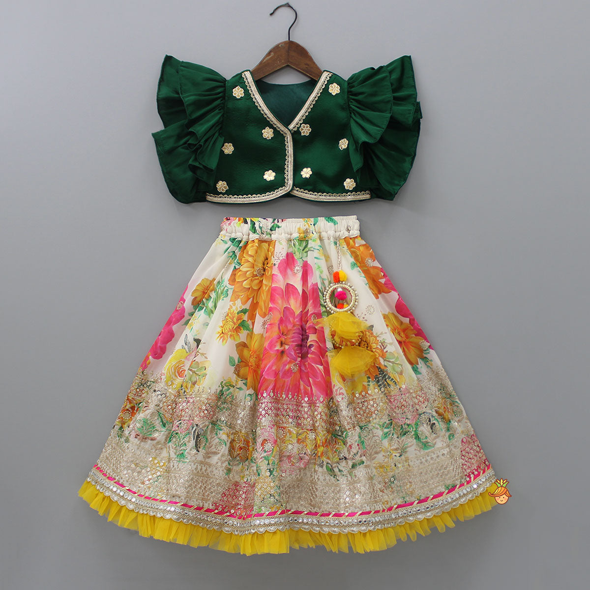 Pre Order: Gota Floral Work Front Open Green Top And Printed Lehenga With Dupatta
