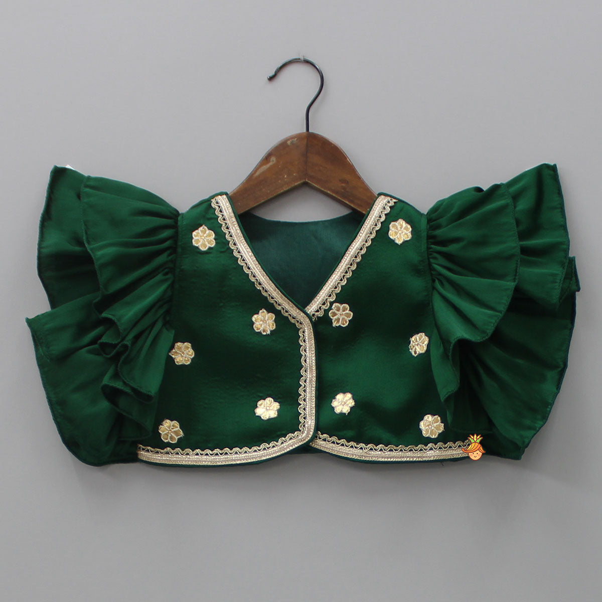 Pre Order: Gota Floral Work Front Open Green Top And Printed Lehenga With Dupatta