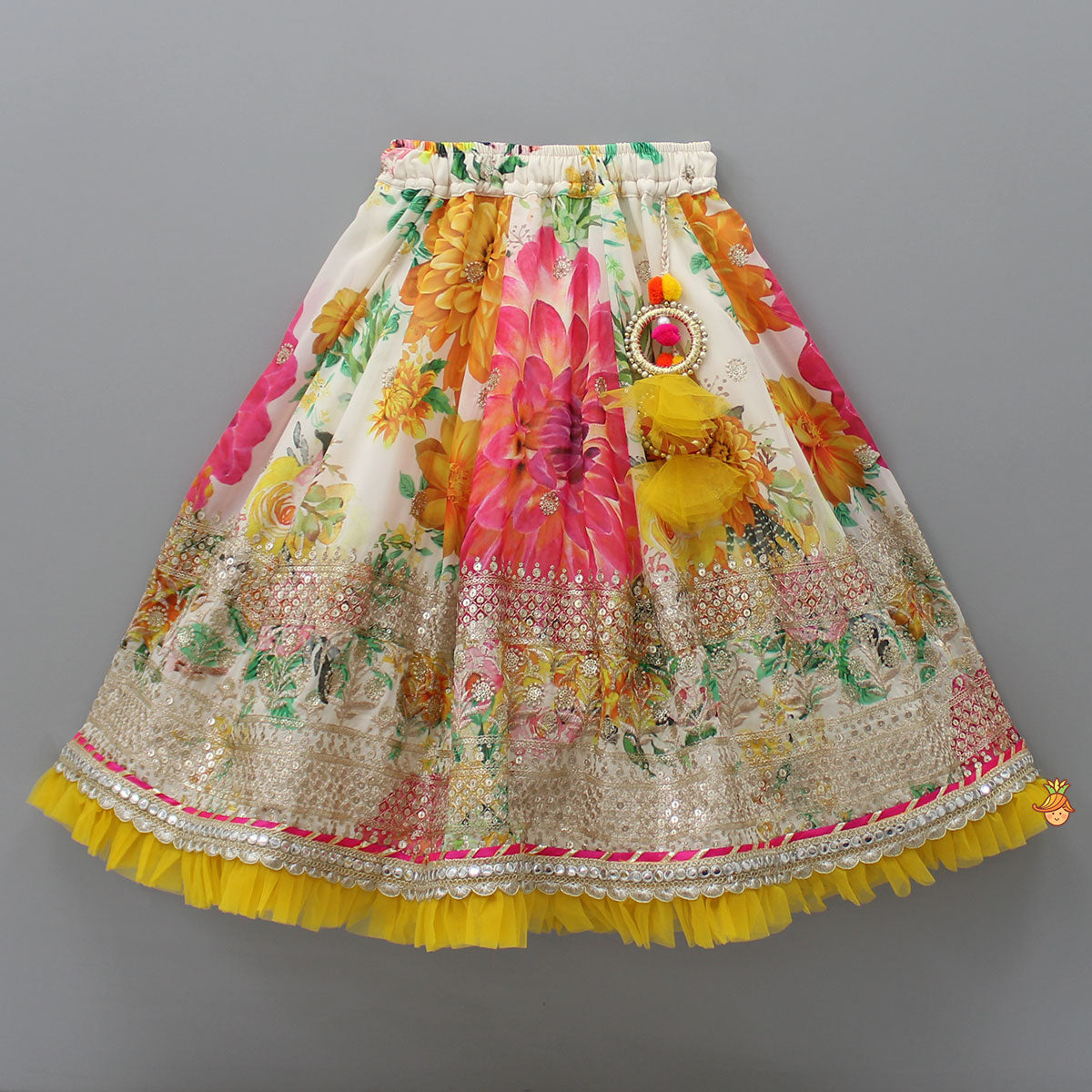 Pre Order: Gota Floral Work Front Open Green Top And Printed Lehenga With Dupatta