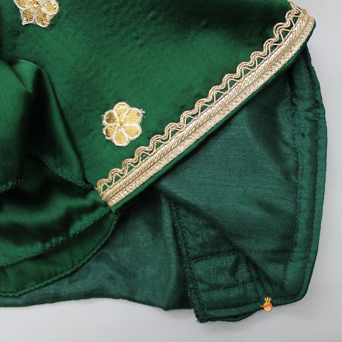 Pre Order: Gota Floral Work Front Open Green Top And Printed Lehenga With Dupatta