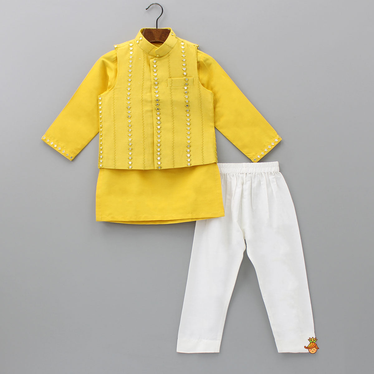 Pre Order: Faux Mirror Work Front Placket Yellow Kurta With Pocket Detail Jacket And Pyjama