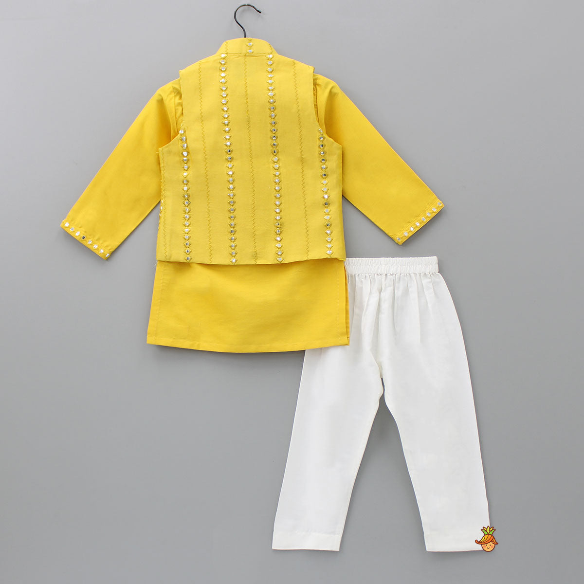 Pre Order: Faux Mirror Work Front Placket Yellow Kurta With Pocket Detail Jacket And Pyjama