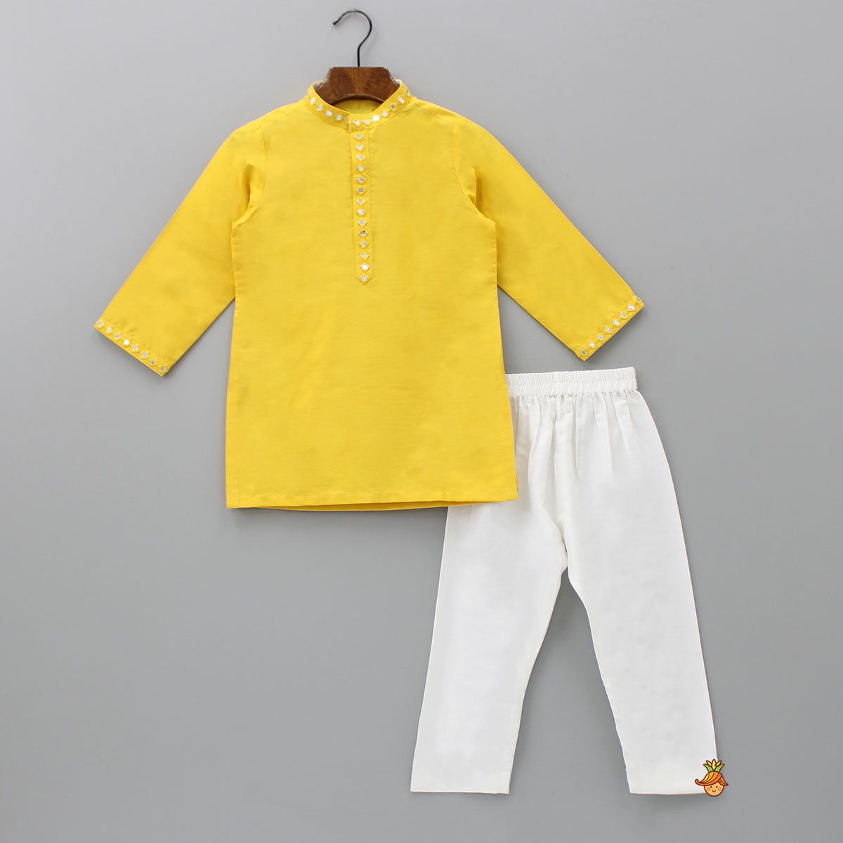 Pre Order: Faux Mirror Work Front Placket Yellow Kurta With Pocket Detail Jacket And Pyjama