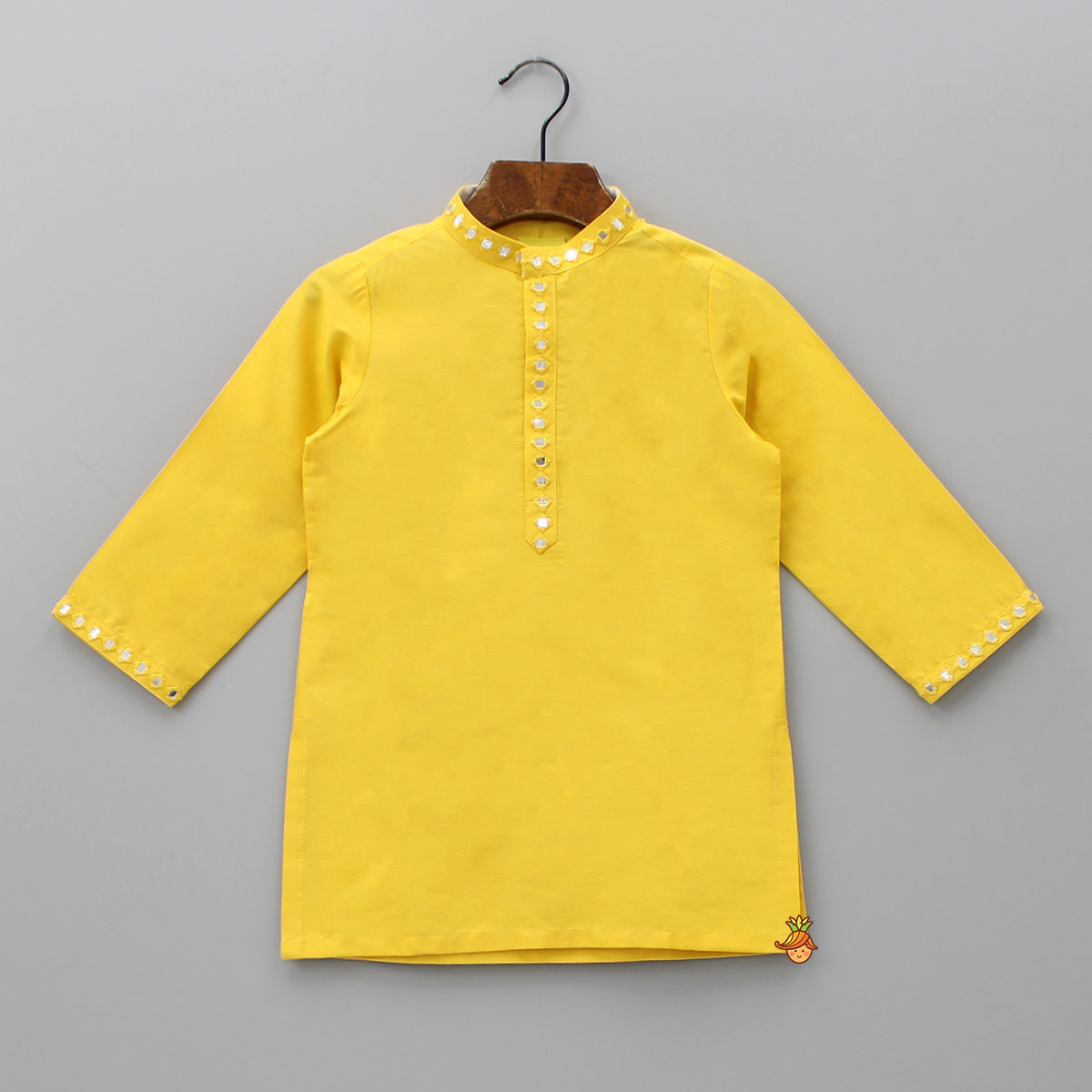 Pre Order: Faux Mirror Work Front Placket Yellow Kurta With Pocket Detail Jacket And Pyjama