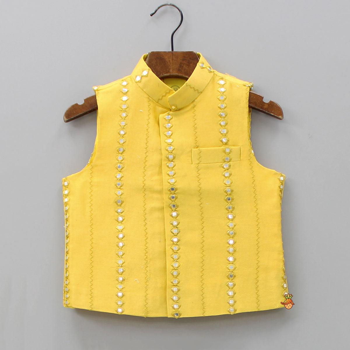 Pre Order: Faux Mirror Work Front Placket Yellow Kurta With Pocket Detail Jacket And Pyjama