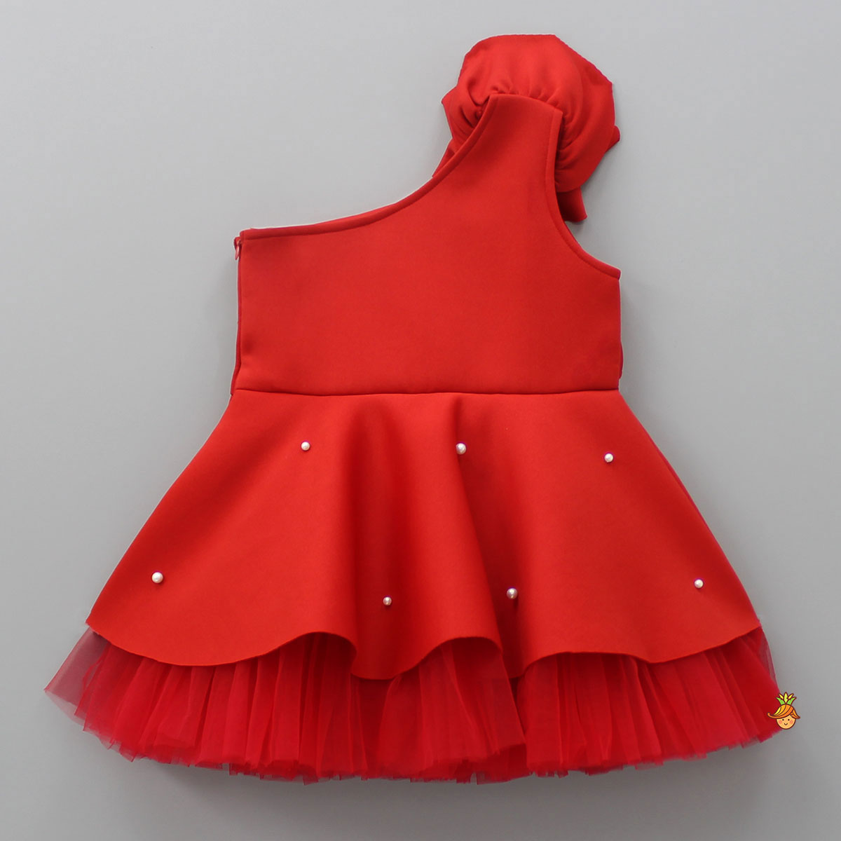 Pre Order: Rose Embellished Frilly Red Scuba Dress